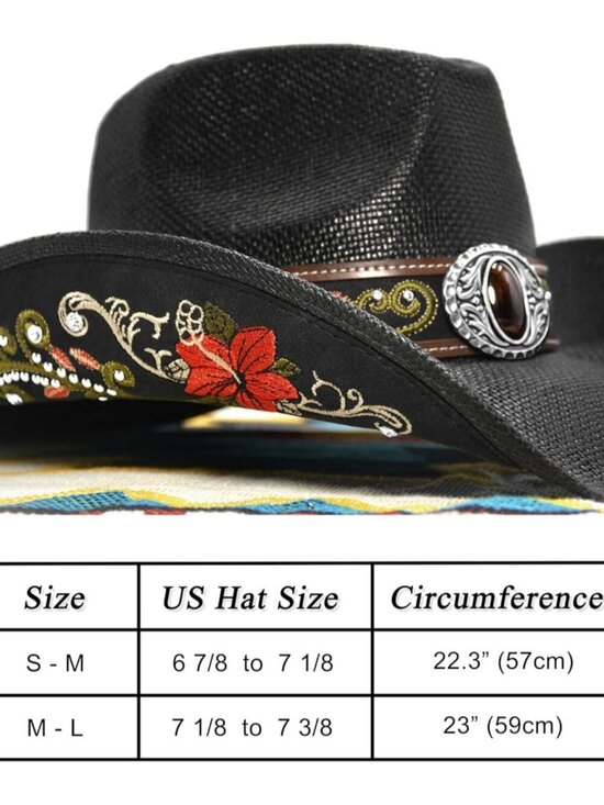 Women\'s Black Straw Western Embroidered Imported Canvas Paper Cowgirl Hat main image 6